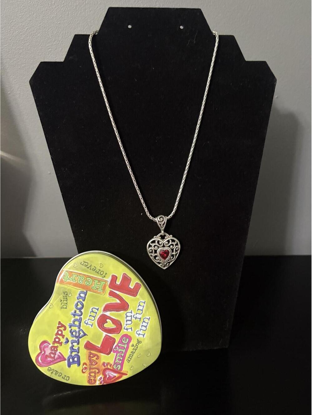 Brighton Romantic Filigree Heart Necklace Red Center Stone + Graphic Heart Tin